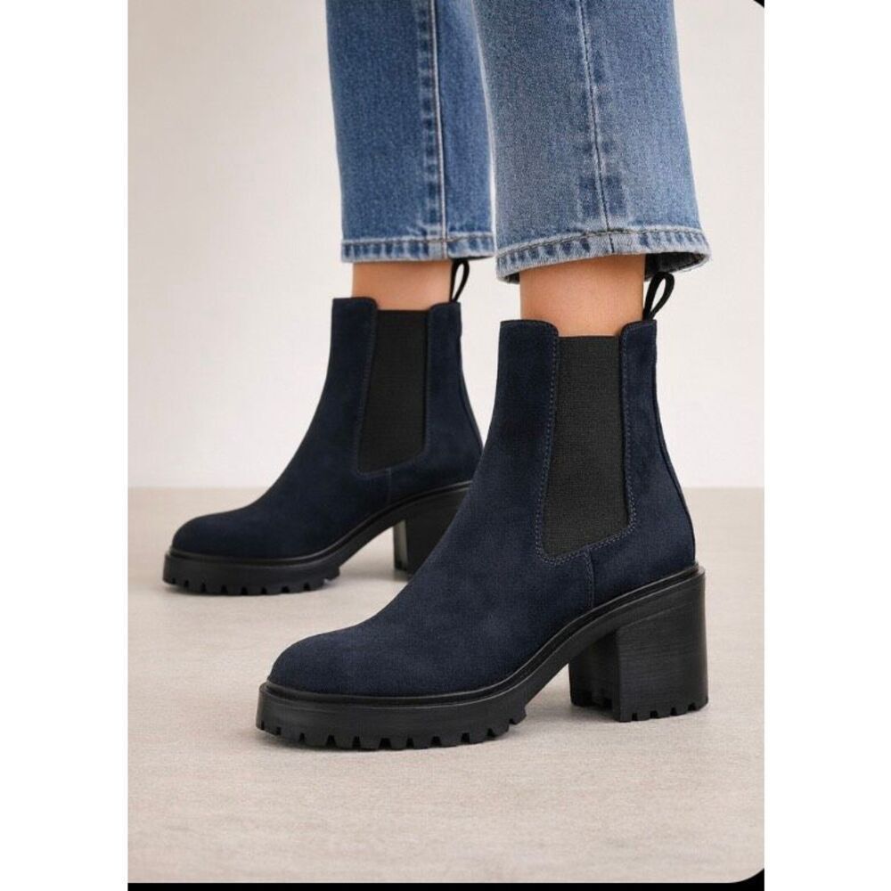 NWOB Margaux Platform Chelsea Boot, $495 navy suede